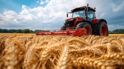 Fototapeta premium Modern Tractor Harvesting Wheat in Open Field