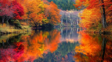 Autumnal Reflections on a Still Lake Surrounded by Vibrant Trees