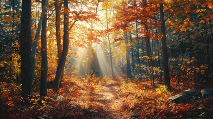 A Path Through a Sun-Drenched Autumn Forest