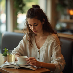 Morning coffee. Relaxing on the weekend. Happy smiling woman enjoying a hot drink in the interior of a modern and light house with free space