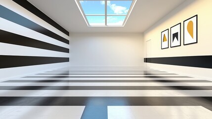 Obraz premium Modern Hallway Interior with Black and White Stripes Skylight and Geometric Art
