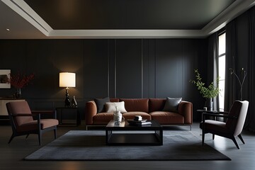 Fototapeta premium Modern. Clean lines, dark colors, and geometric furniture.