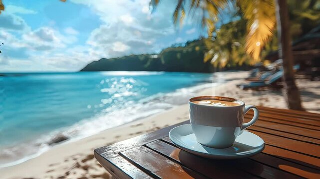 A cup of coffee sits on the sandy beach, Cozy place Seamless looping 4k time-lapse virtual video animation background