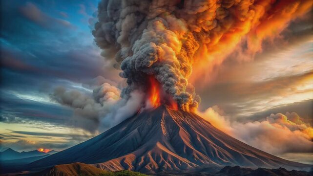 Erupting Volcano with Ash Plume and Dramatic Sky