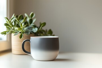 Fototapeta premium A close-up of a gray and white mug with a plant in the background.