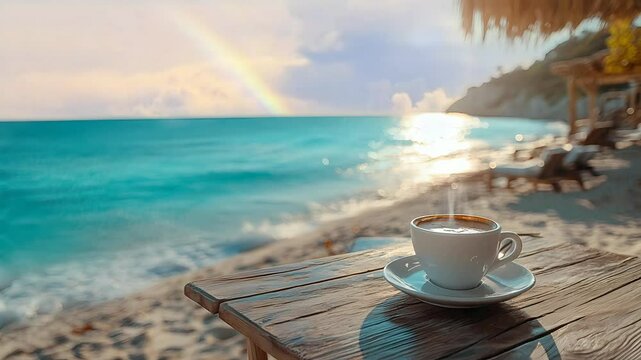 Sunrise Serenity: A cup of coffee sits on the sandy beach, Seamless looping 4k time-lapse virtual video animation background