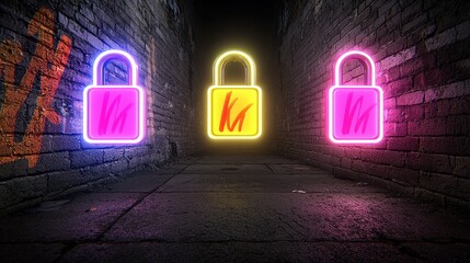 Neon Padlock Signs in Urban Alleyway   Security  Night  Glowing  Cityscape