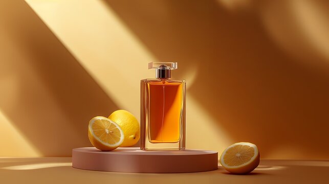 A bottle of perfume with a citrusy scent,  surrounded by lemons and bathed in warm light.