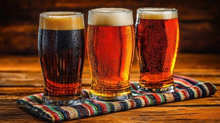 Cold Beer Glasses on Rustic Wooden Table with Colorful Placemat