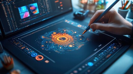 Fototapeta premium Futuristic Graphic Design Workspace with AI Powered Assistant