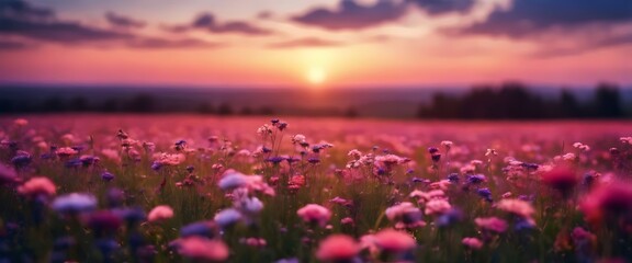 Purple Wildflower Field at Sunset, Golden Hour