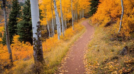 Obraz premium Winding Path Through Golden Aspen Grove in Autumn