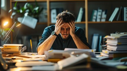 Overwhelmed Man Sitting at Desk with Stacks of Papers