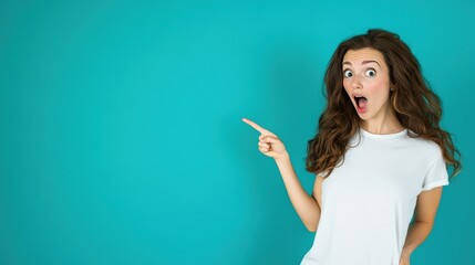 Fototapeta premium Cheerful Woman Pointing Upward in Surprise