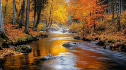 A Stream Flowing Through a Forest of Vibrant Autumn Colors
