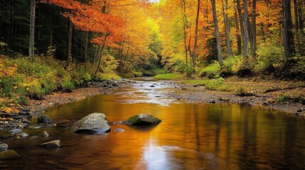 Obraz premium Autumnal Stream Flowing Through a Forest