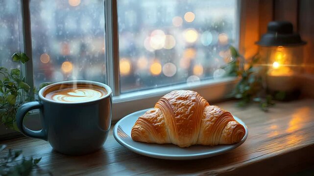 Croissant in a plate and coffee by the window on a cozy soft rain Seamless looping 4k time-lapse virtual video animation background