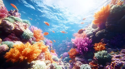 Underwater pictures of coral reefs surrounded by shimmering schools of fish