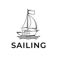 sailboat sailing ship logo design concept in sea ocean wave