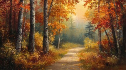 Obraz premium A Path Through Autumnal Forest with Golden Sunlight Filtering Through the Trees