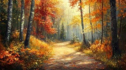 Fototapeta premium A Sunlit Path Through a Vibrant Autumn Forest
