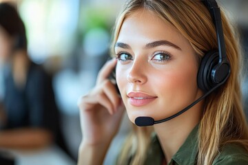 Bright close up of a woman with a headset symbolizing communication customer service and modern technology in a vibrant digital environment