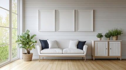 Fototapeta premium Minimalist Living Room with White Sofa and Plants