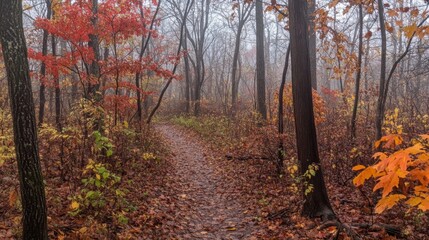 Obraz premium Winding Path Through a Foggy Autumn Forest