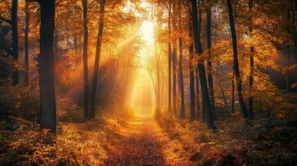 Sunbeams Illuminating a Misty Autumn Forest Path