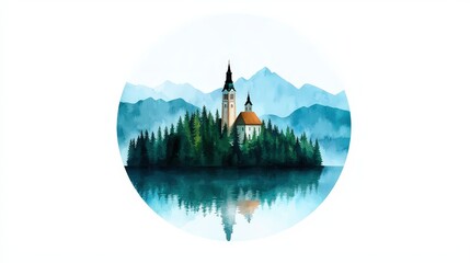 Obraz premium Watercolor Painting of Church on Island in Lake Bled Slovenia