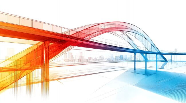 A 3D rendering of a bridge with a modern, minimalist design. The bridge is colored in red and blue, with a cityscape in the background.