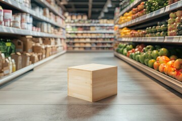 Fototapeta premium A wooden box sits in the middle of a grocery store aisle, surrounded by shelves stocked with various products.