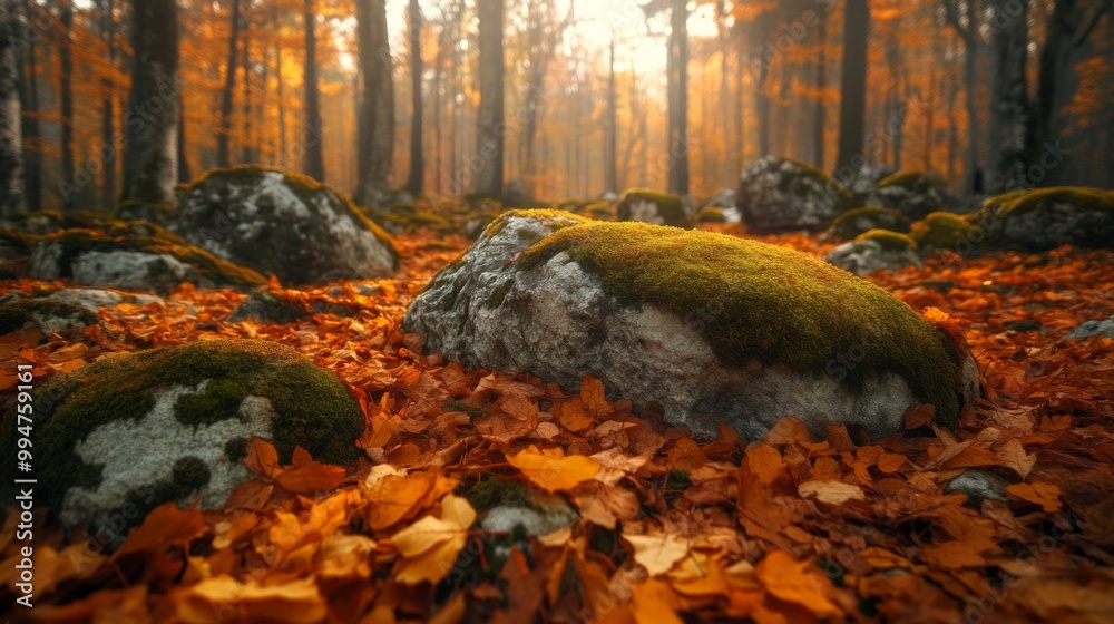 Sticker Moss-Covered Rock in an Autumnal Forest