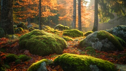 Moss-Covered Rocks in an Autumn Forest