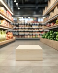 Fototapeta premium Empty wooden platform in a grocery store aisle with shelves stocked with products.