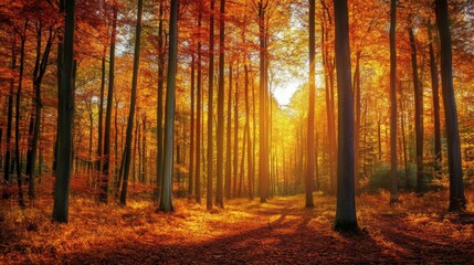 Obraz premium Sunlit Path Through a Golden Autumn Forest