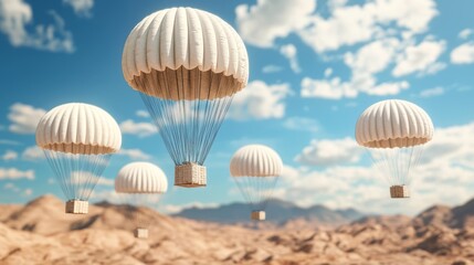 Obraz premium Aerial Cargo Drop in Desert Terrain with Parachutes