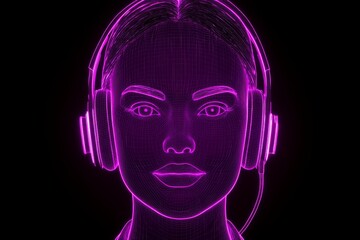 Glowing neon outline of a woman’s face with headphones symbolizing communication individuality and digital audio innovation in a futuristic environment