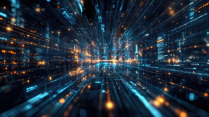 Futuristic digital grid with glowing blue and orange lines