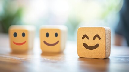 Three wooden blocks with smiling faces on table