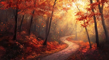 Winding Path Through a Golden and Red Autumn Forest