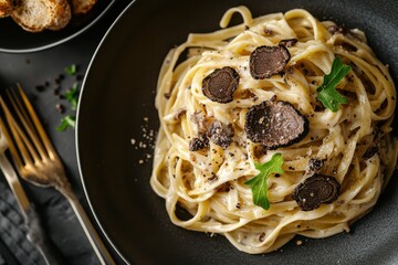 A plate of creamy truffle pasta garnished with fresh herbs, served in a dark bowl alongside golden cutlery and bread slices.