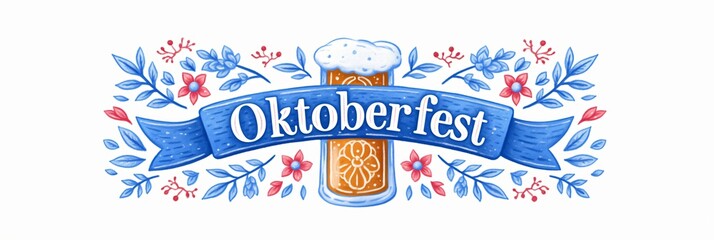 Logo for Oktoberfest party with typography lettering isolated on white background. Vintage cartoon illustration for design banner, poster, menu for traditional german beer festival