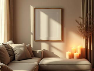 Elegant close-up frame mockup in a cozy beige room with candles, 3D rendered, perfect for interior design and graphic design projects