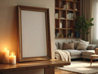 Elegant close-up frame mockup in a cozy beige room with candles, 3D rendered, perfect for interior design and graphic design projects