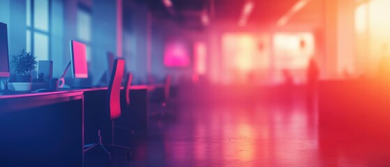 Abstract background of a tech startup office with blurred gadgets and devices, designed for large text areas