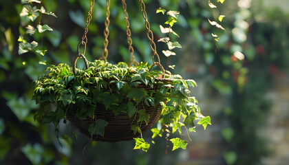 A lush green hanging planter filled with ivy, surrounded by vibrant foliage, emanating a serene and inviting atmosphere.