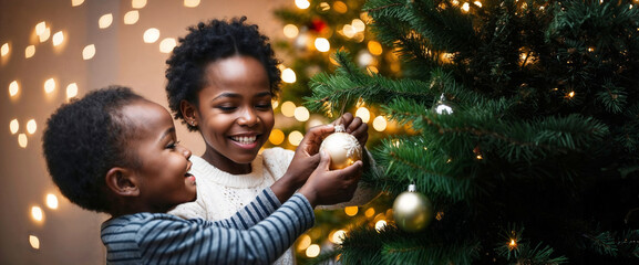 Two African kids, happy Afro American siblings smiling while decorating Christmas tree at home, hanging baubles on it. Blurred background with bokeh lights. Wide banner with copy space for text