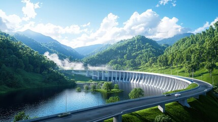 A scenic view of a dam surrounded by lush greenery and mountains, reflecting the blue sky and water, showcasing nature and engineering harmony.