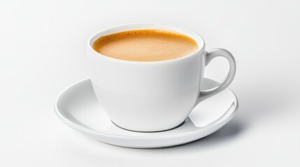 A steaming cup of coffee on a white plate against a white background.